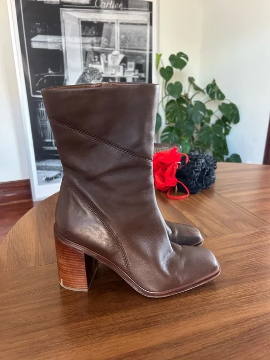 Franco Sarto Dark Brown Leather Ankle Booties with Block Heel - Picture 8 of 9